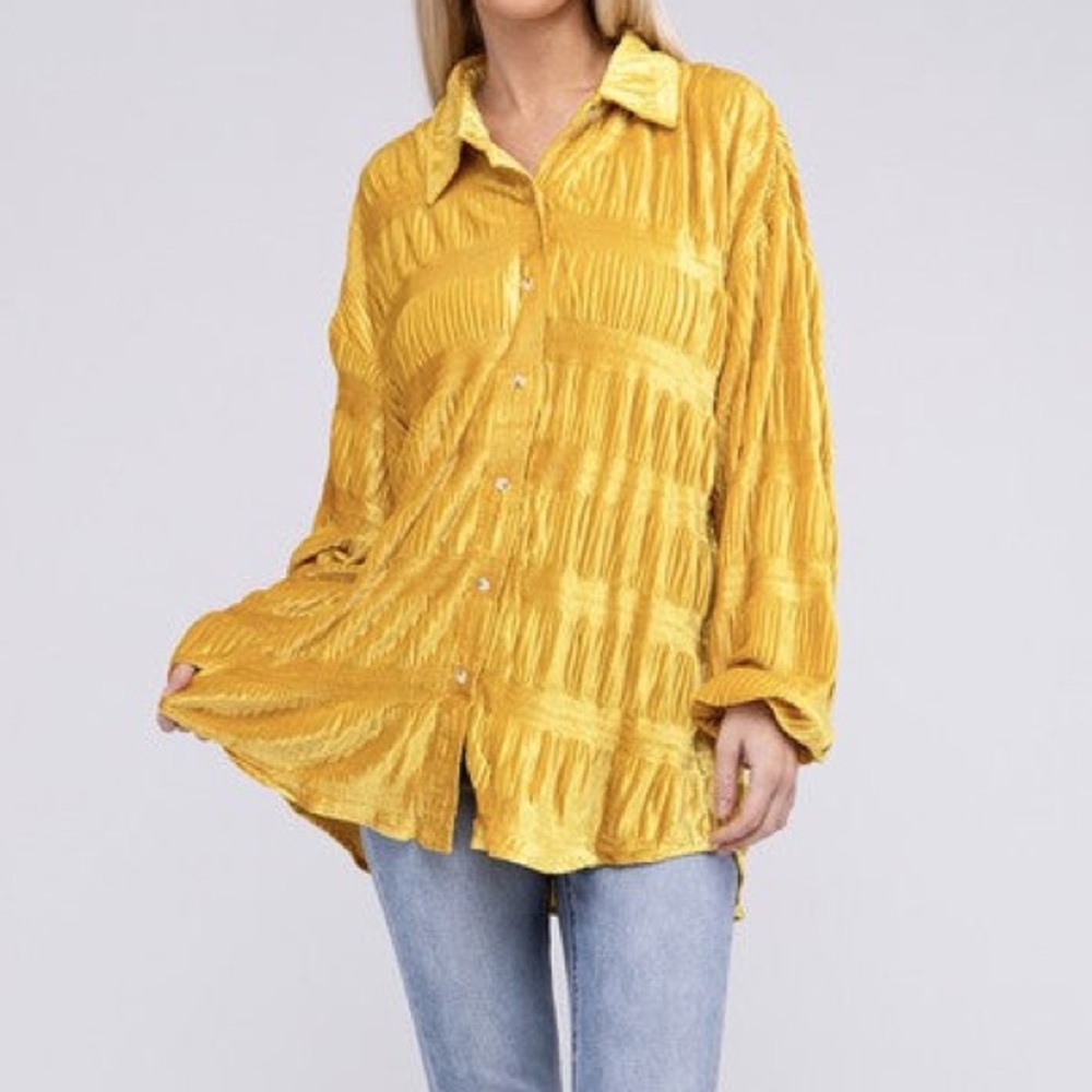 Bibi Gold Velvet Button Down Shirt Oversized Wrinkle Effect Top Mustard NWT - Picture 2 of 16